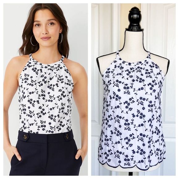 Ann Taylor XXSP Embroidered Floral Black & White‎ Halter Top - Picture 1 of 14